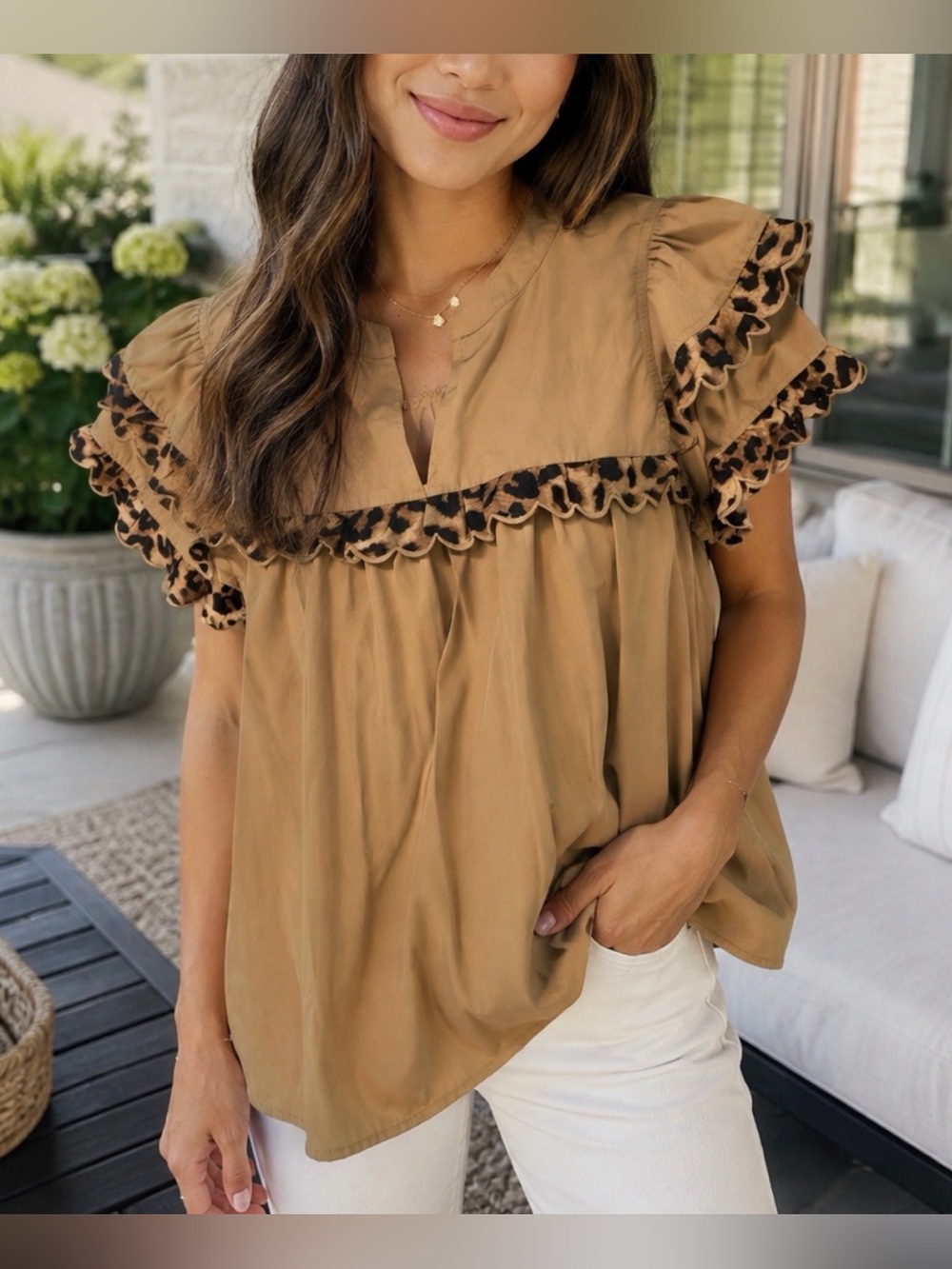 Entro Tan Ruffle Leopard-Trim Blouse, Size Small, New Without Tags